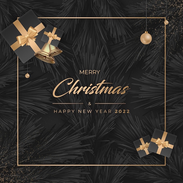 Plantilla de publicación de feliz Navidad y próspero año nuevo con regalos de amplificador de fondo oscuro