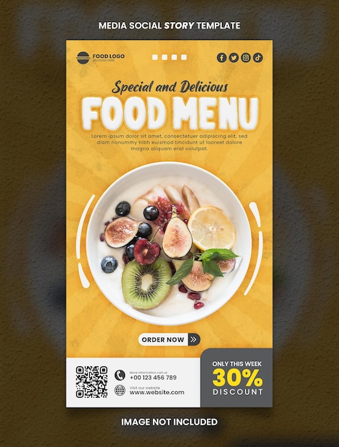 Plantilla de publicación de historia social de medios de restaurante y menú de comida amarilla nueva