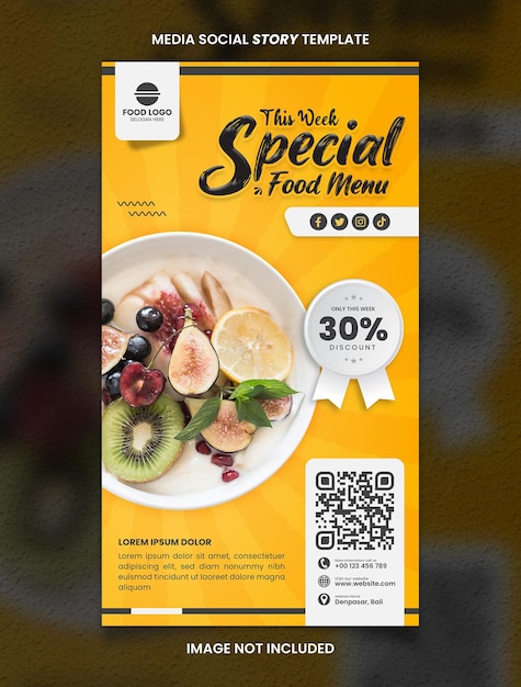 Plantilla de publicación de historia social de medios de restaurante y menú de comida amarilla nueva