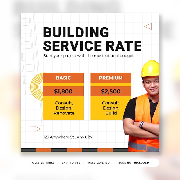 Plantilla de publicación de instagram de empresa de construcción moderna blanca y naranja