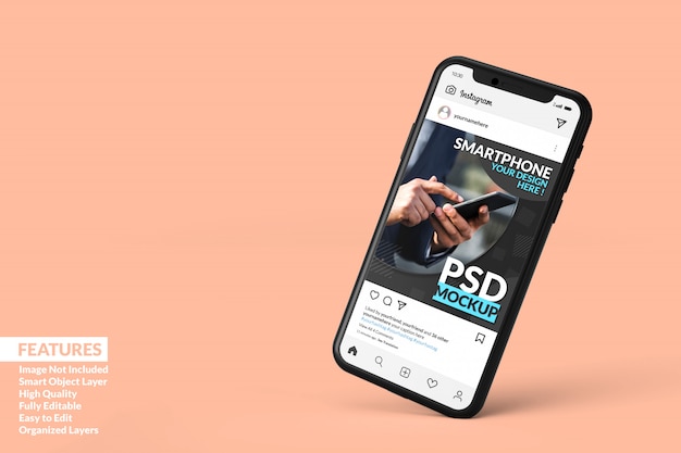 PSD plantilla de publicación de instagram en maqueta de teléfono móvil negra flotante premium