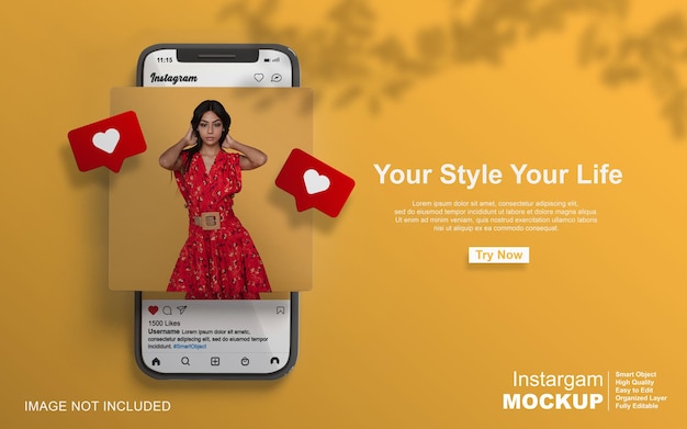 PSD plantilla de publicación de instagram en maqueta de teléfono móvil
