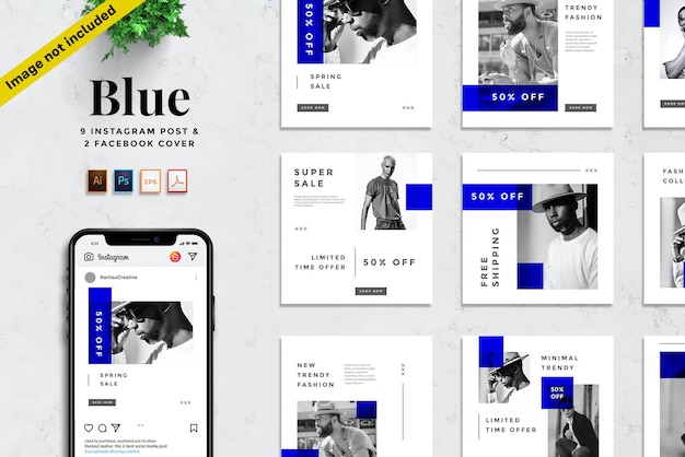 PSD plantilla de publicación de instagram o carrusel de redes sociales elegante colección azul psd