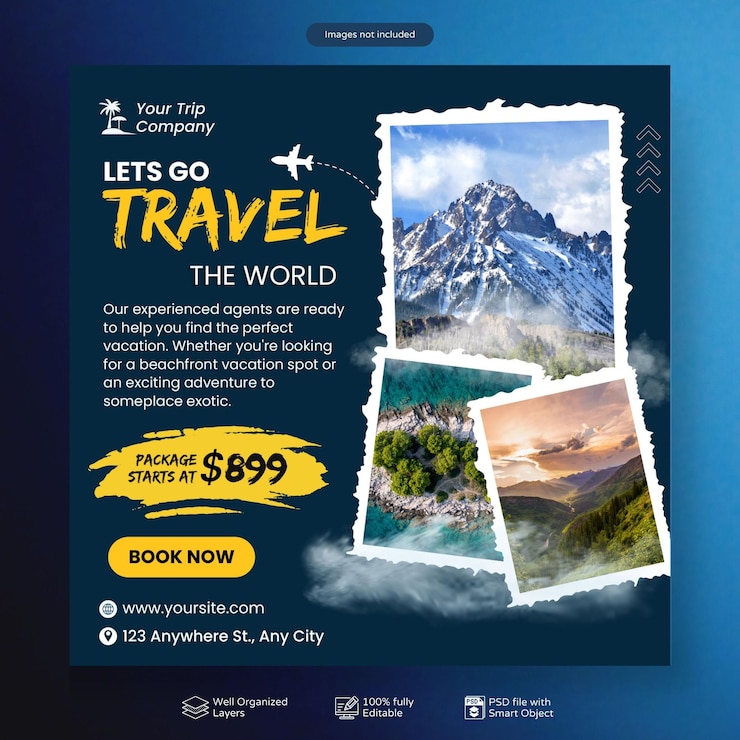 PSD plantilla de publicación de instagram o publicación en redes sociales de negocios de viajes y turismo psd