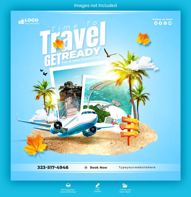 PSD plantilla de publicación de instagram o de redes sociales de viajes y turismo de psd