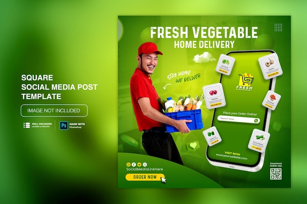 PSD plantilla de publicación de instagram de redes sociales de entrega de comestibles de frutas y verduras
