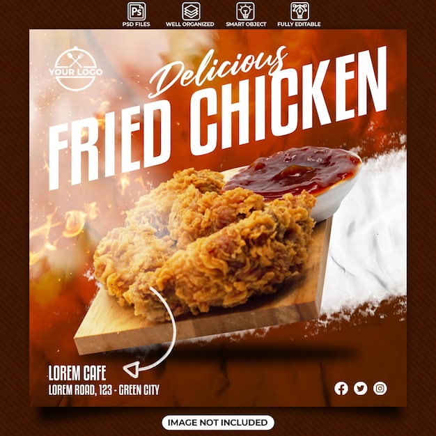 Plantilla de publicación de instagram de redes sociales de pollo frito delicioso