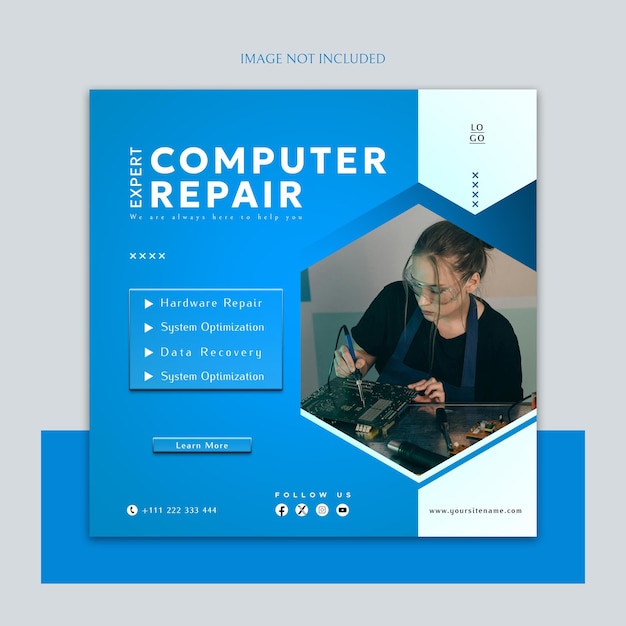 La plantilla de la publicación de Instagram para la reparación de computadoras