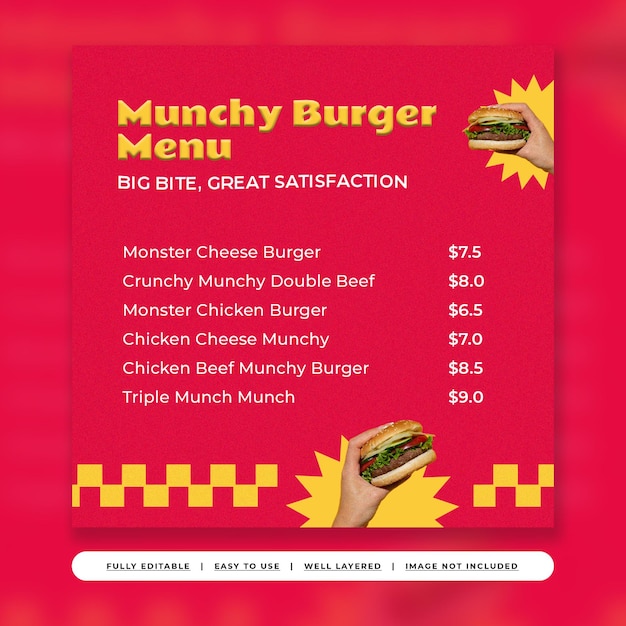 PSD plantilla de publicación de instagram de tienda de hamburguesas retro amarillo brillante