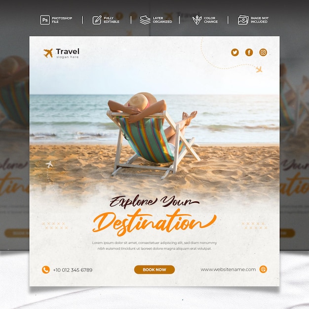 PSD plantilla de publicación de instagram de viajes y turismo o publicación de redes sociales