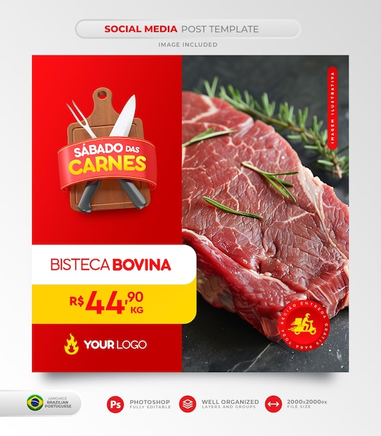 PSD plantilla de publicación para meat saturday en portugués para redes sociales en brasil