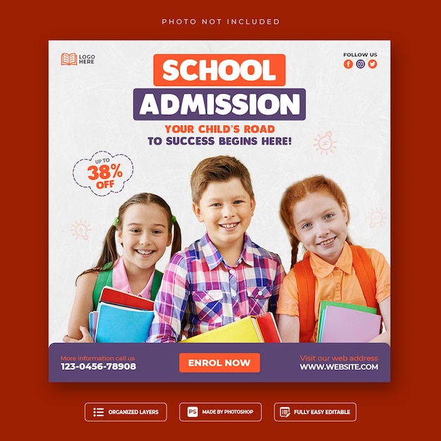 PSD plantilla de publicación o banner de instagram en redes sociales de admisión a educación escolar