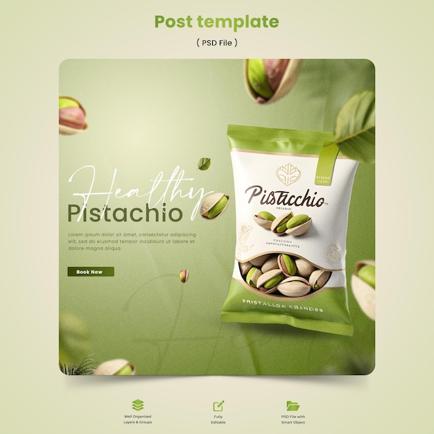 PSD plantilla de la publicación de paquetes de pistachos