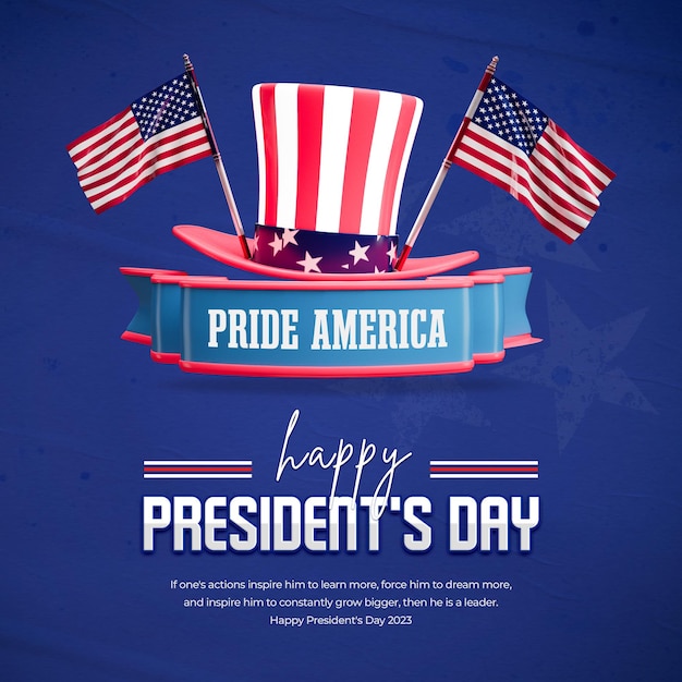 Plantilla de publicación de redes sociales 3d del día de los presidentes con sombrero y bandera de estados unidos