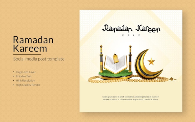 Plantilla de publicación de redes sociales 3d de ramadán kareem islámico