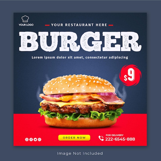 Plantilla de publicación de redes sociales de alimentos para restaurante de comida rápida hamburguesa premium psd