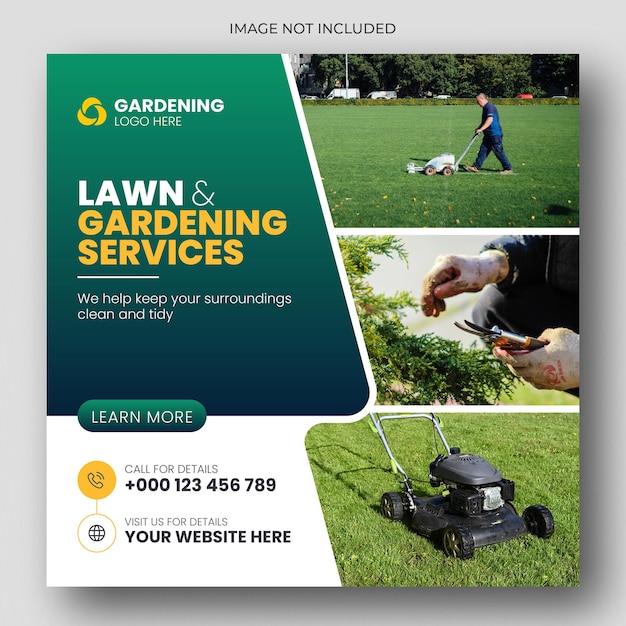 Plantilla de publicación en las redes sociales y banner web de servicio de césped o jardinería