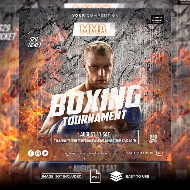plantilla de publicación de redes sociales de boxeo psdfolleto de evento deportivo