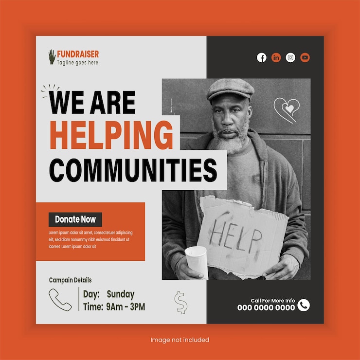 PSD plantilla de publicación de redes sociales de charity square sin fines de lucro o campaña de recaudación de fondos para donaciones diseño de pancartas