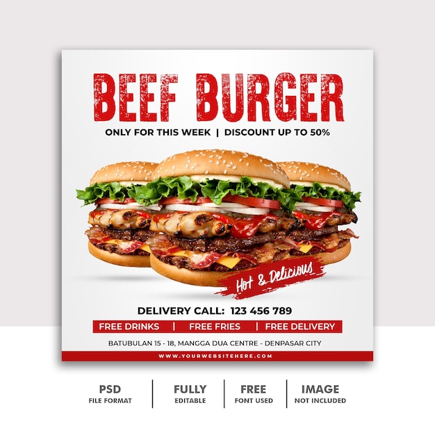 Plantilla de publicación de redes sociales de comida para restaurante fastfood beef burger