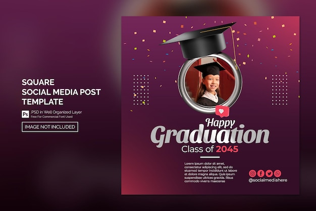 Plantilla de publicación de redes sociales cuadrada de fin de escuela de graduación con adornos de representación 3D
