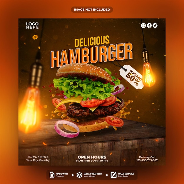 La plantilla de la publicación de las redes sociales de la deliciosa hamburguesa