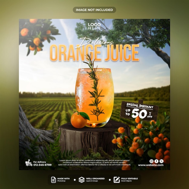 Plantilla de publicación de redes sociales de delicioso jugo de naranja