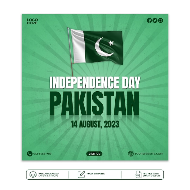 PSD plantilla de publicación de redes sociales del día de la independencia de pakistán psd