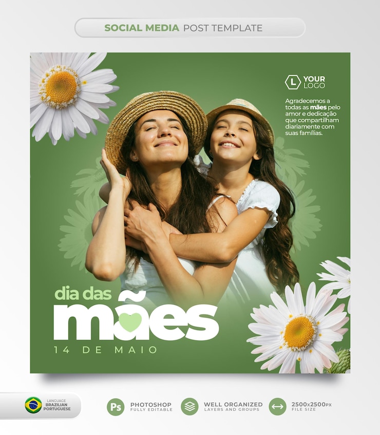 PSD plantilla de publicación en redes sociales del día de la madre brasileña en portugués para campaña de marketing