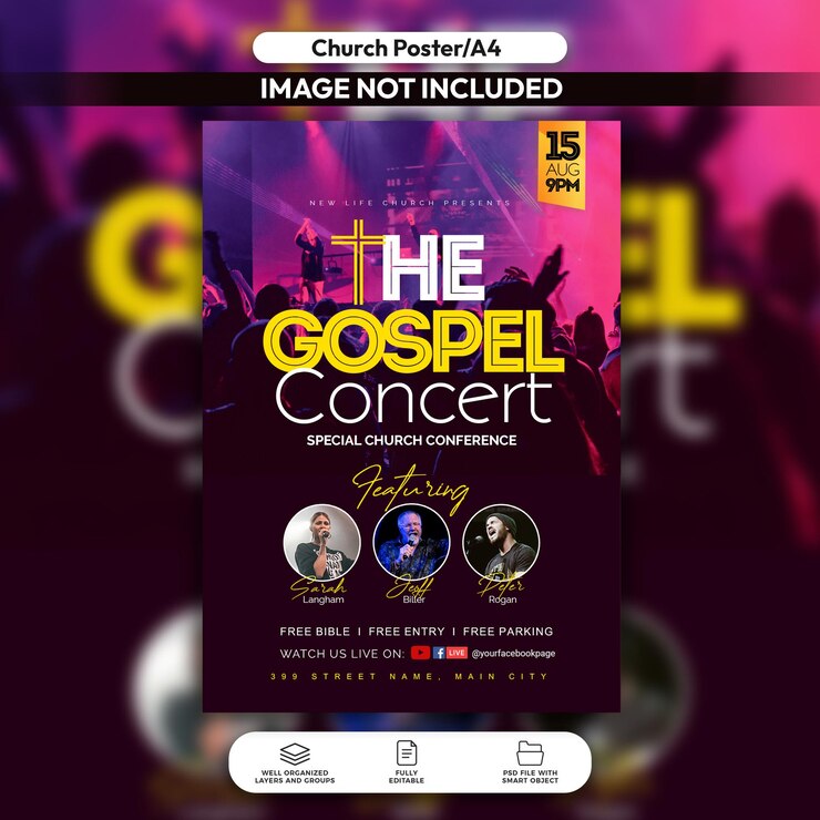 PSD plantilla de publicación de redes sociales de folleto de evento de concierto de iglesia góspel psd