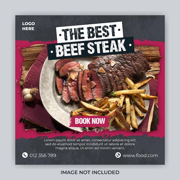 plantilla de publicación de redes sociales folleto de menú de comida de bistec