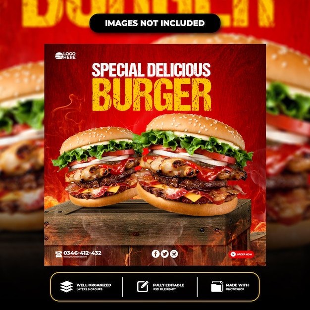 PSD plantilla de publicación de redes sociales de hamburguesa deliciosa especial