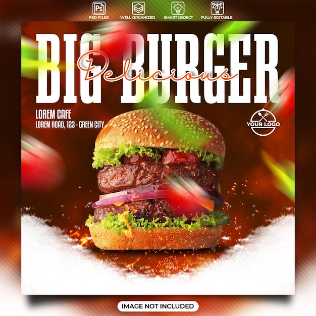 PSD plantilla de publicación de redes sociales de hamburguesa grande