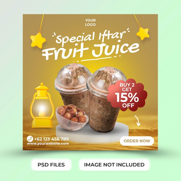 Plantilla de publicación de redes sociales de iftar ramadan de bebida de menú especial con estrella de icono 3d y linterna ps premium