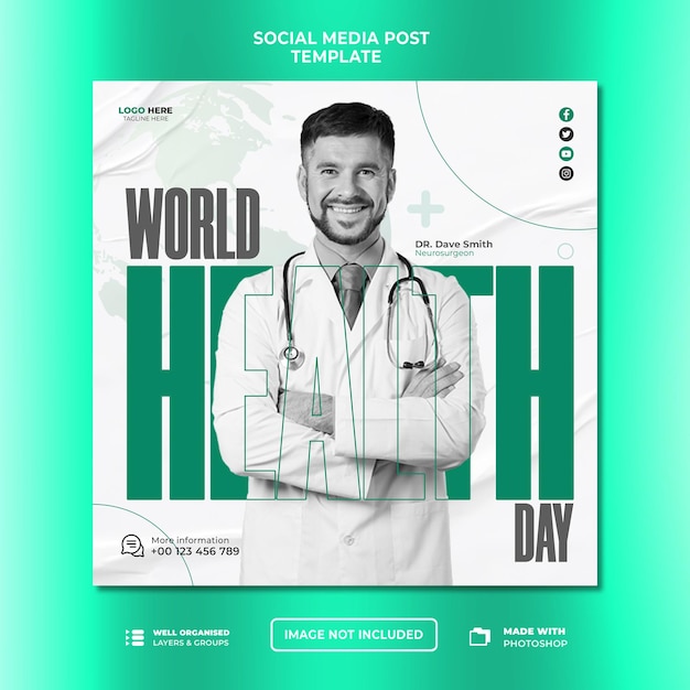 PSD plantilla de publicación en redes sociales de instagram para la celebración del día mundial de la salud