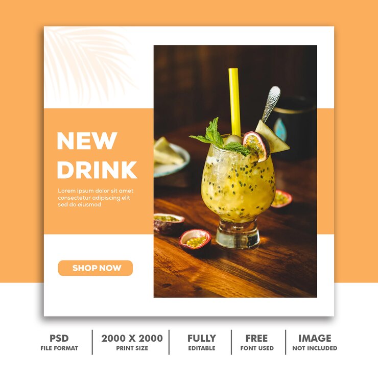 PSD plantilla de publicación en redes sociales instagram, drink food orange elegant