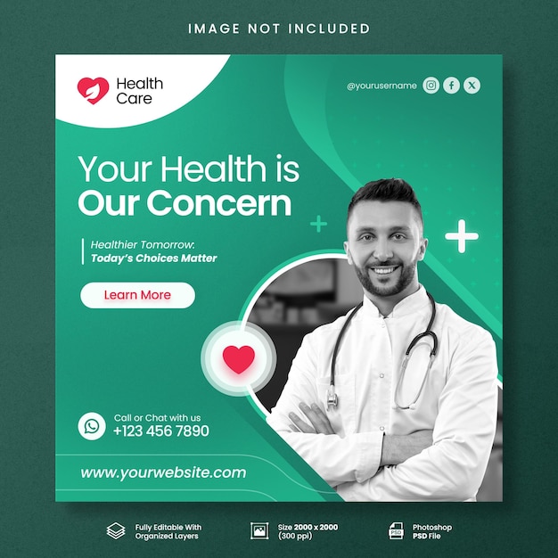 plantilla de publicación de redes sociales de Instagram para profesionales de la salud y la asistencia médica de PSD