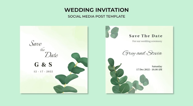 Plantilla de publicación de redes sociales de invitación de boda con marco de hoja de acuarela