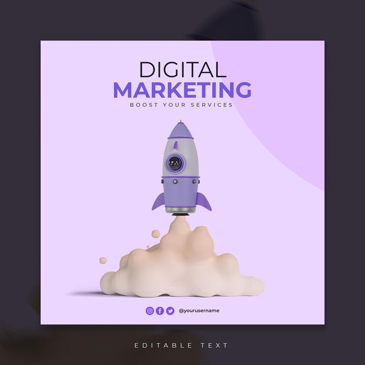 Plantilla de publicación de redes sociales de marketing digital de cohete azul 3d