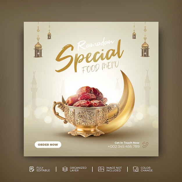 Plantilla de publicación de redes sociales de menú de comida especial de Ramadan Kareem Psd