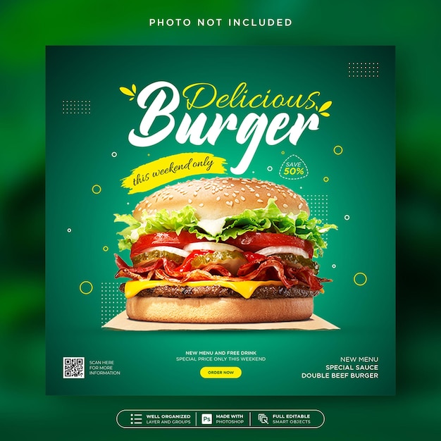 PSD plantilla de publicación de redes sociales del menú de comida de hamburguesa deliciosa