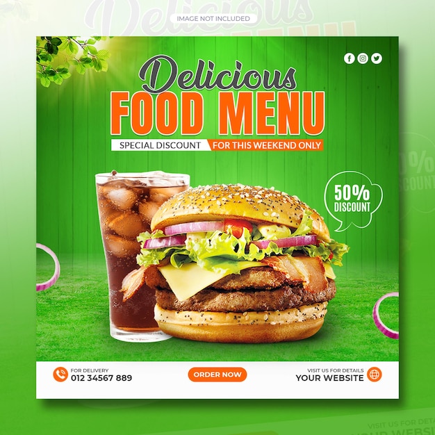 Plantilla de publicación de redes sociales de menú de comida y hamburguesas deliciosas