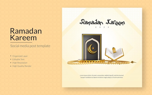 Plantilla de publicación en redes sociales para ramadan kareem con una imagen de un libro sagrado del islam