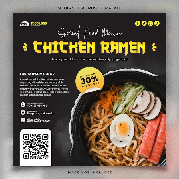 Plantilla de publicación en redes sociales de ramen de pollo de comida asiática