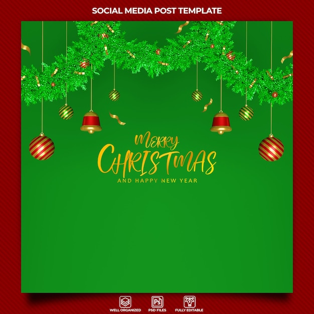 Plantilla de publicación de redes sociales de saludo de feliz navidad con adornos realistas en 3d