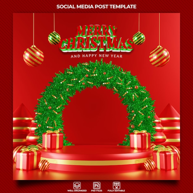 Plantilla de publicación de redes sociales de saludo de feliz navidad con adornos realistas en 3d