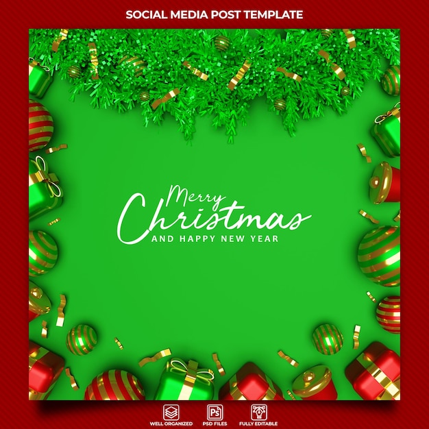 Plantilla de publicación de redes sociales de saludo de feliz navidad con adornos realistas en 3d