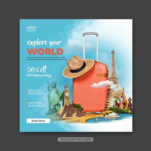 Plantilla de publicación en redes sociales de vacaciones de viajes y giras o banner de Instagram