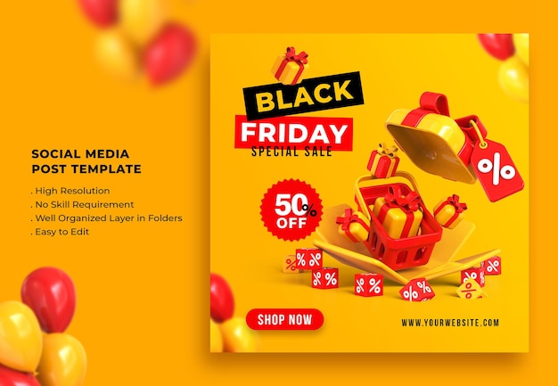 Plantilla de publicación de redes sociales de venta de viernes negro Representación 3d