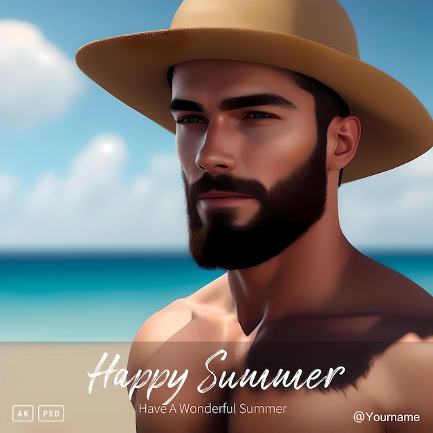 PSD plantilla de publicación de redes sociales de verano feliz con hombre guapo y fondo de playa de mar